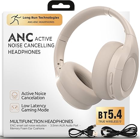 Long Run Technologies Active Noise Cancelling Headphones - Wireless Over-Ear with 100H Battery & Hi-Res Audio