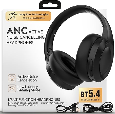 Long Run Technologies Active Noise Cancelling Headphones - Wireless Over-Ear with 100H Battery & Hi-Res Audio